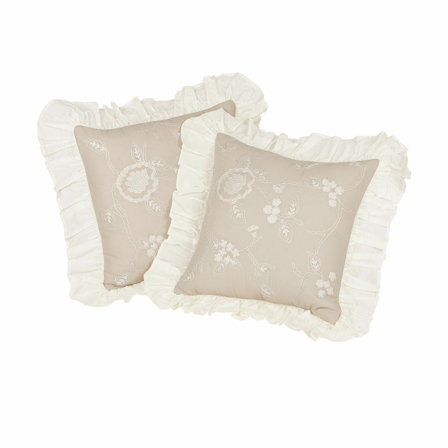 Kussenhoes set van 2 Clarissa Beige decoratiekussen van katoen met witte kantborduursel en volant in vintage stijl