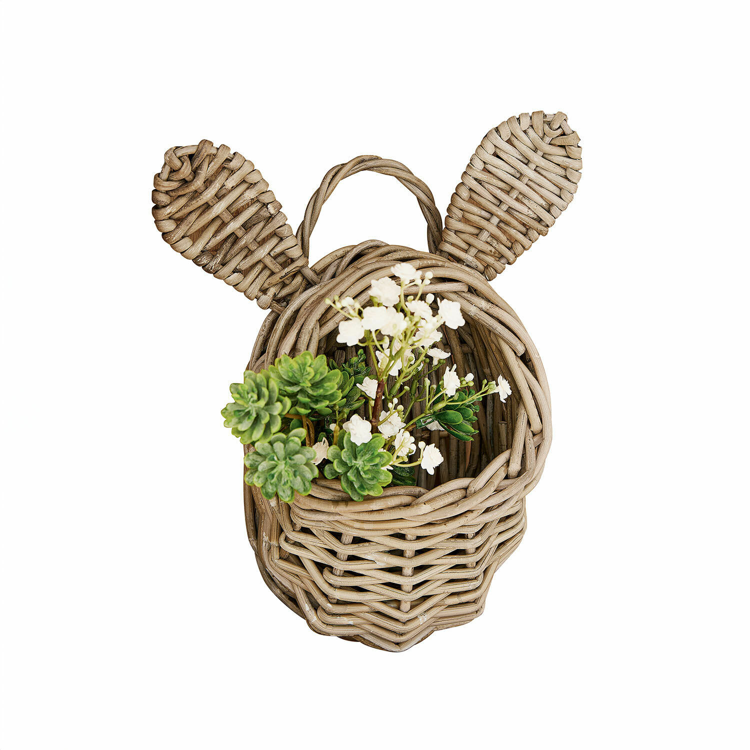 Mand Frances Rieten mand in de vorm van een dierenkop met oren, natuurlijke kleur, versierd met groene en witte bloemen