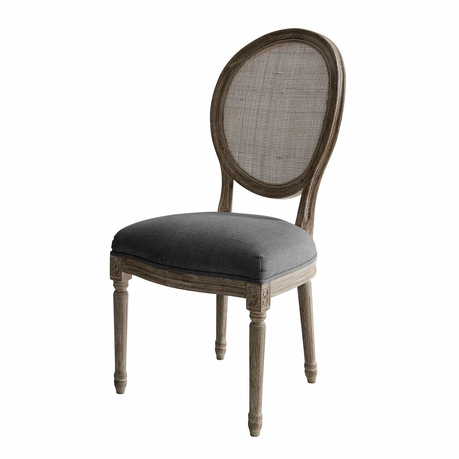 Danube stoel van bruin hout met zwart gestoffeerde zitting en ovale rugleuning van gaas