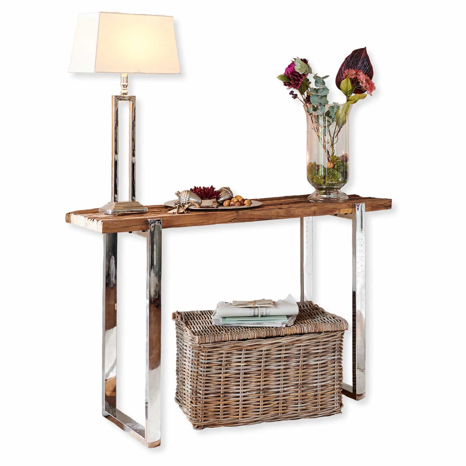 Sidetable Holistres Consoletafel met houten blad en metalen poten, gedecoreerd met lamp en vaas met bloemen