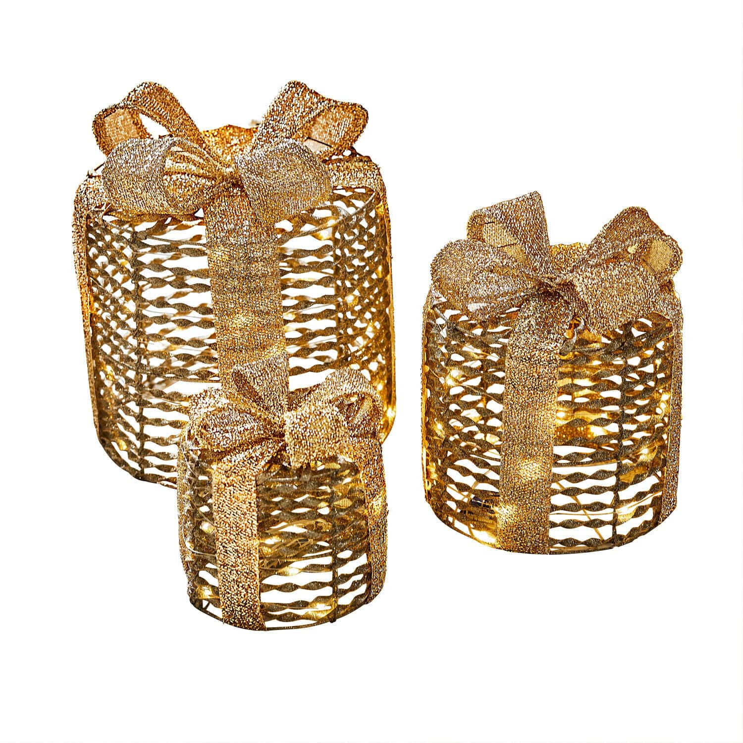 Ledcadeau set van 3 Lorivane Set van drie gouden geschenkdecoraties van gaas met LED-lichtjes voor kerst