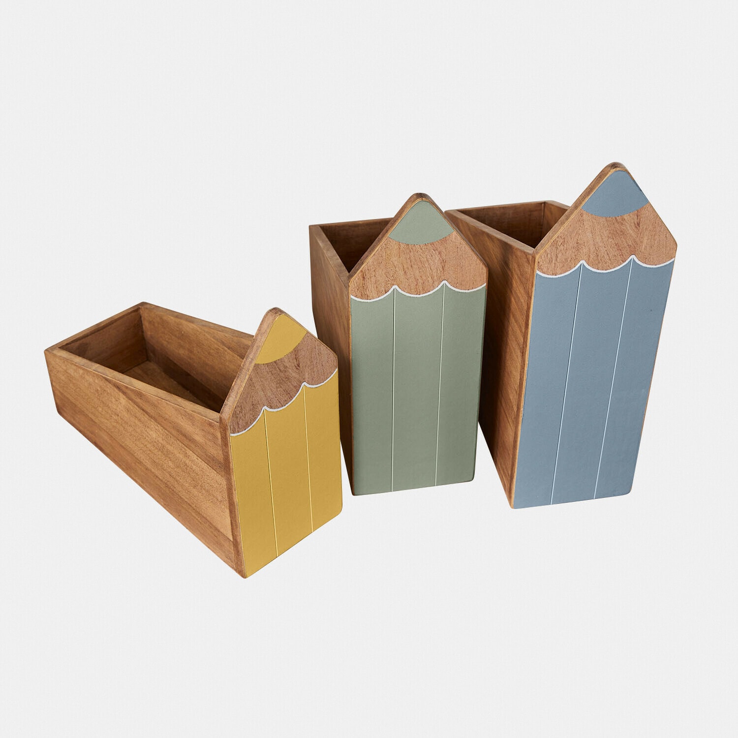 Set van drie houten potloodvormige organizers in geel, groen en blauw voor op kantoor