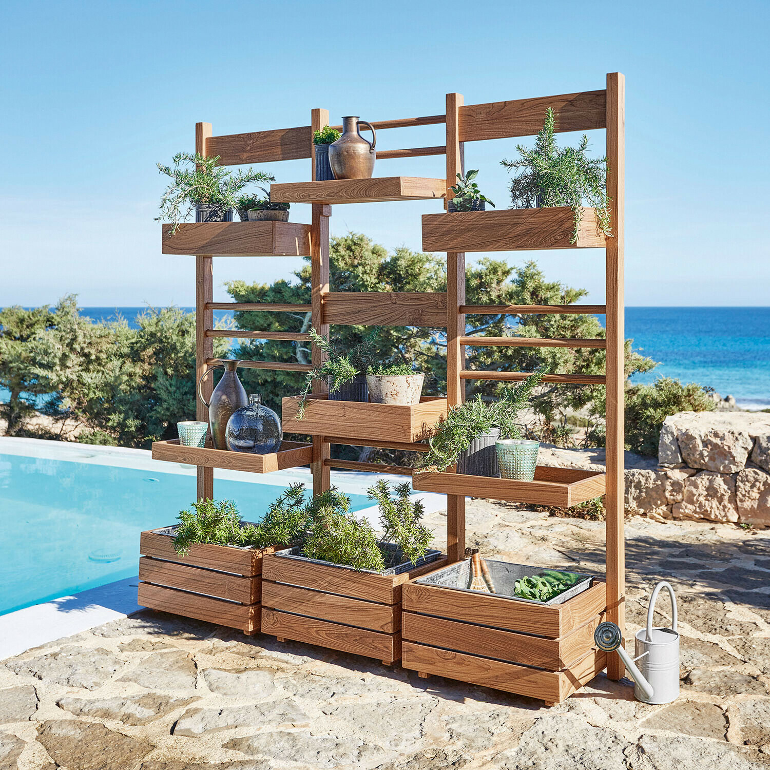 Plantenrek Lutry Houten plantenbak met planken voor kruiden en decoraties, natuurlijke kleur, ideaal voor tuin en terras