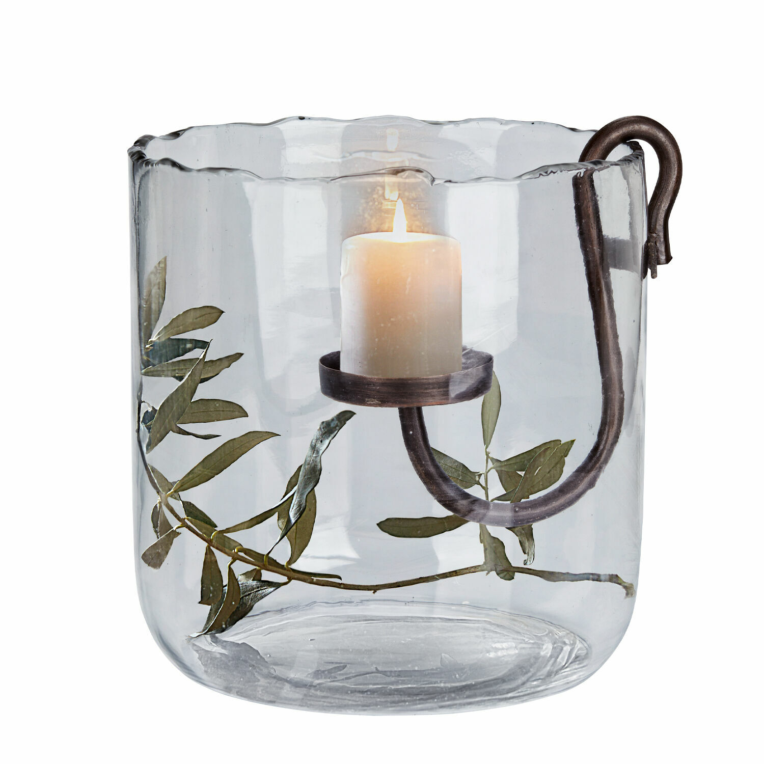 Windlicht Vermand Glazen windlicht met metalen houder en groene bladeren, decoratieve woonaccessoire