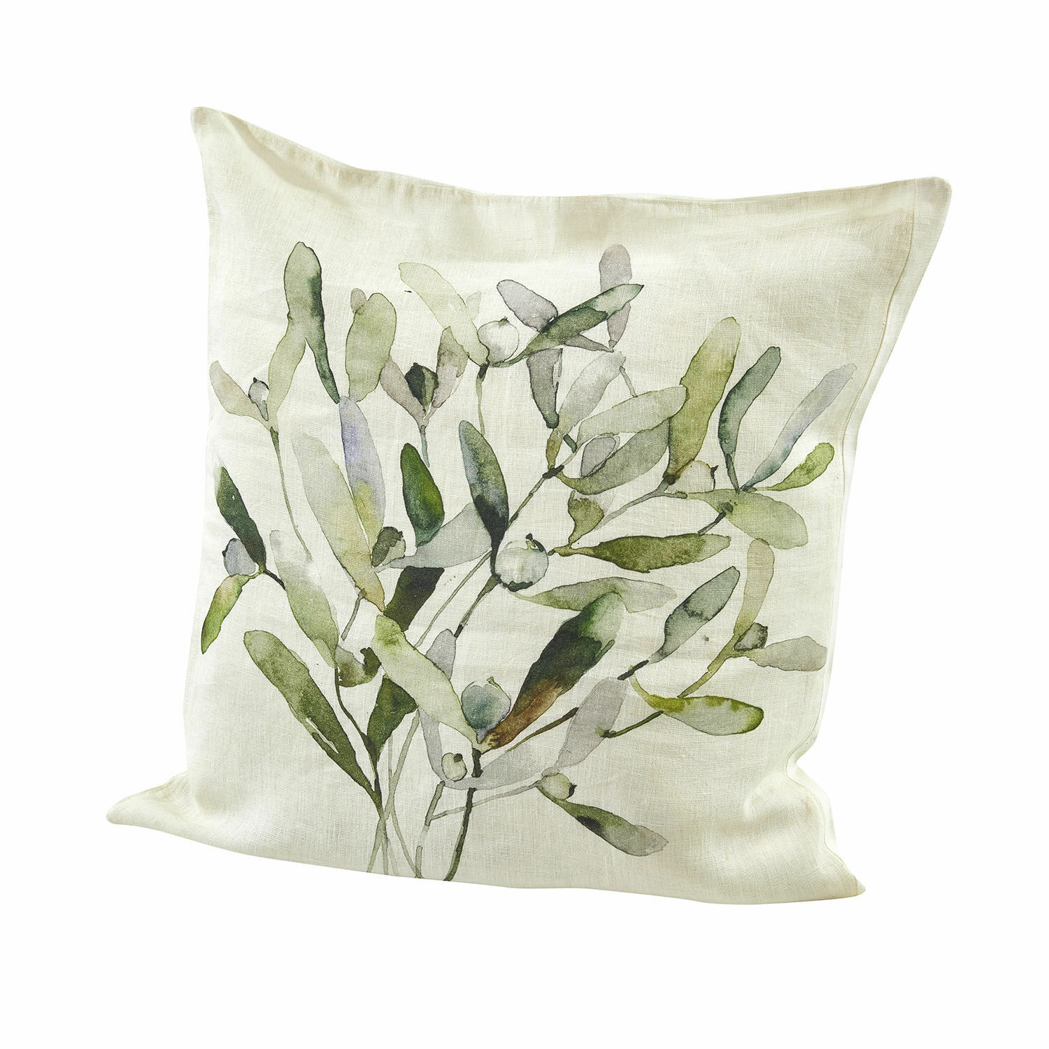 Kussenhoes Mistletoe Decoratief linnen kussen in crèmekleur met groen plantenmotief voor woonkamer