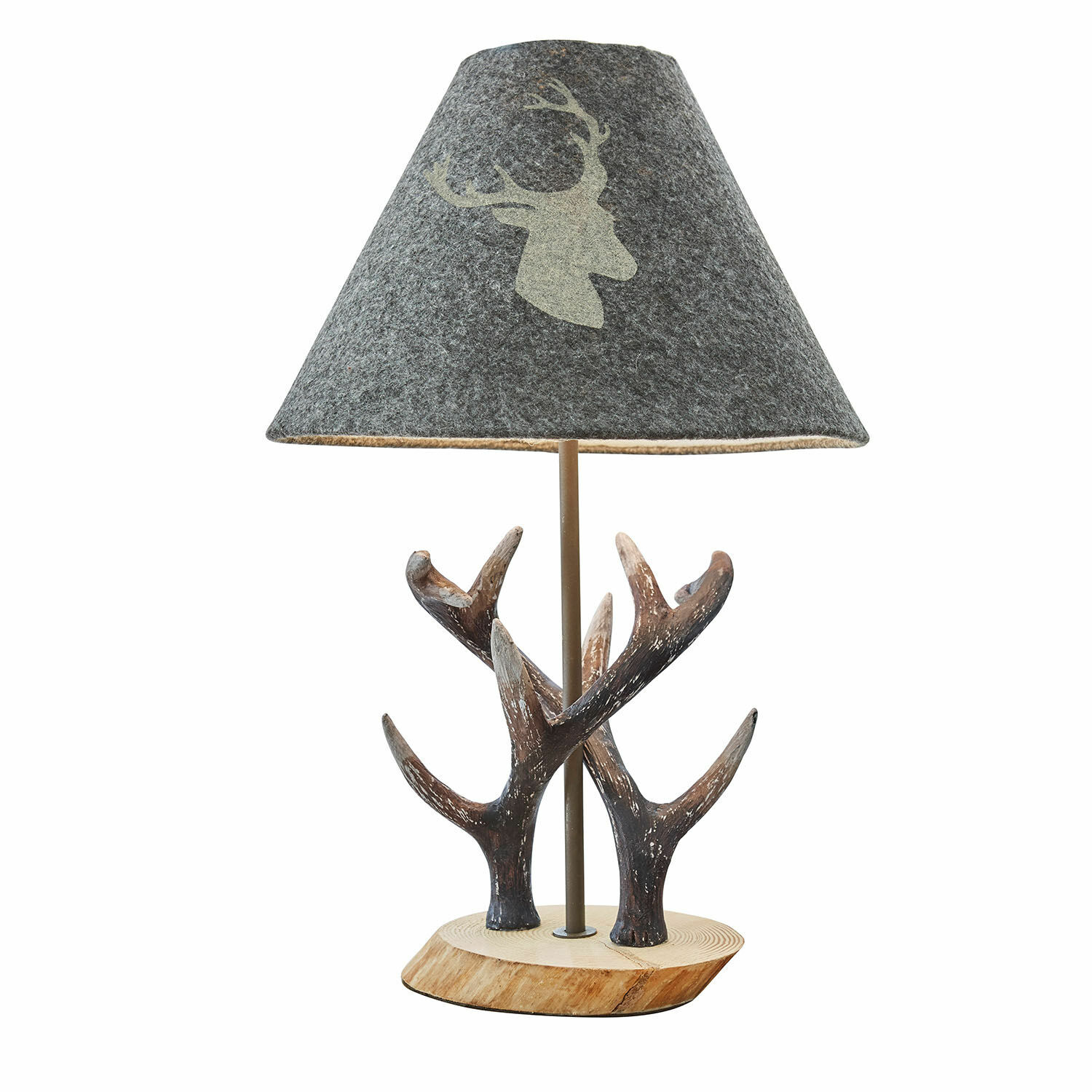 Tafellamp Lodge Tafellamp met houten voet en gewei decoratie, grijze kap met hertenmotief, decoratieve verlichting