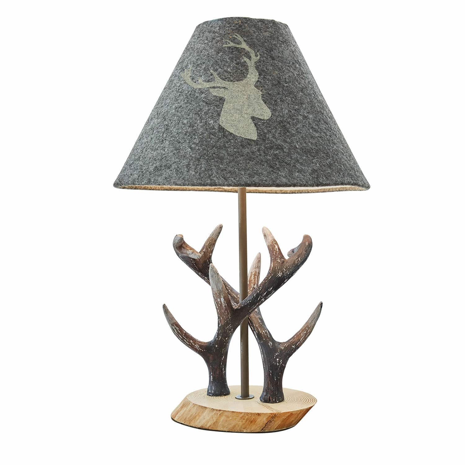 Tafellamp Lodge Tafellamp met houten voet en gewei decoratie, grijze kap met hertenmotief, decoratieve verlichting