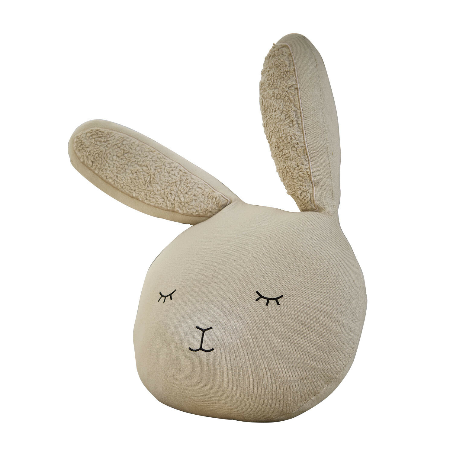 Beige kussen in de vorm van een konijnenhoofd met zachte stof en geborduurd gezicht voor kinderkamer