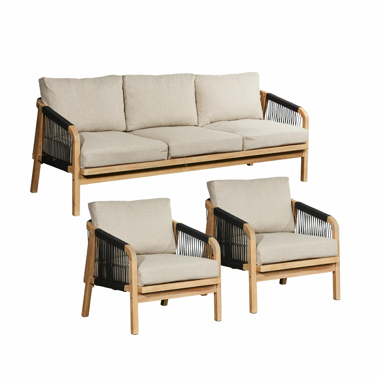 Shreveport zithoek van FSC-hout met beige kussens en bruine frame, modern ontwerp voor woonkamer