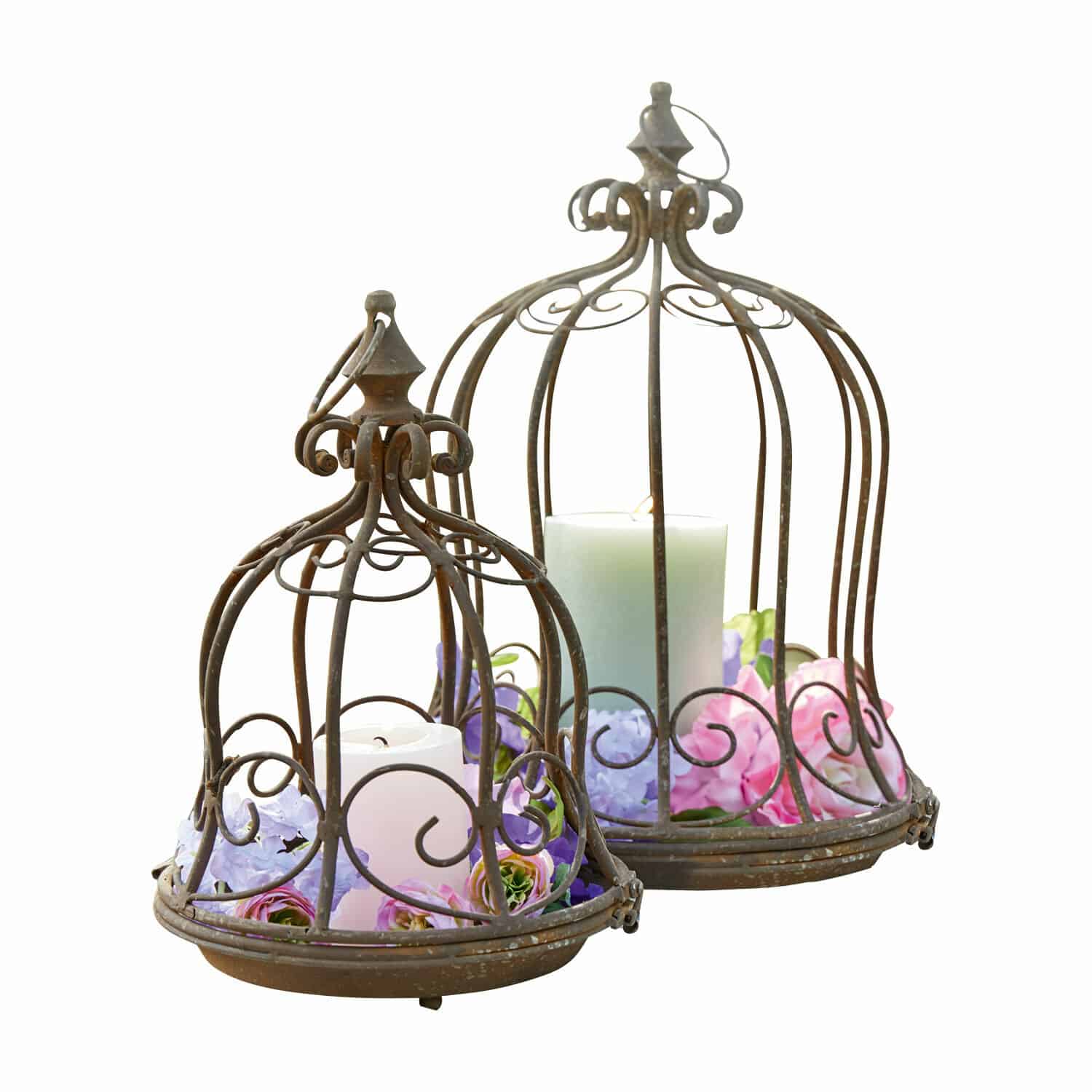 Set van 2 bruine metalen decoratieve kooien met witte kaarsen en bloemen voor binnen en tuin