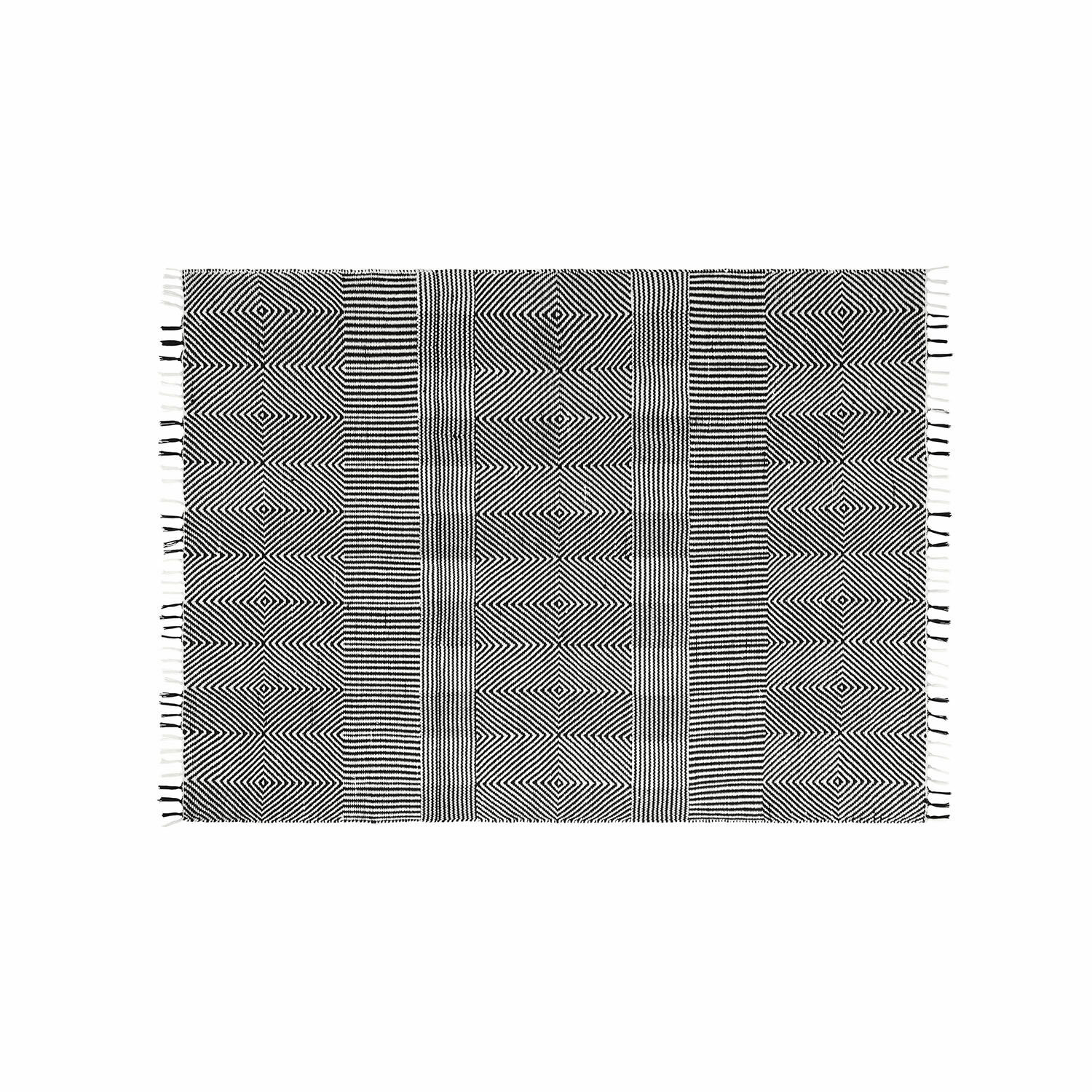 In- & outdoor vloerkleed Tamworth Zwart-witte vloerkleed met geometrisch patroon en franjes, decoratieve stof voor interieur