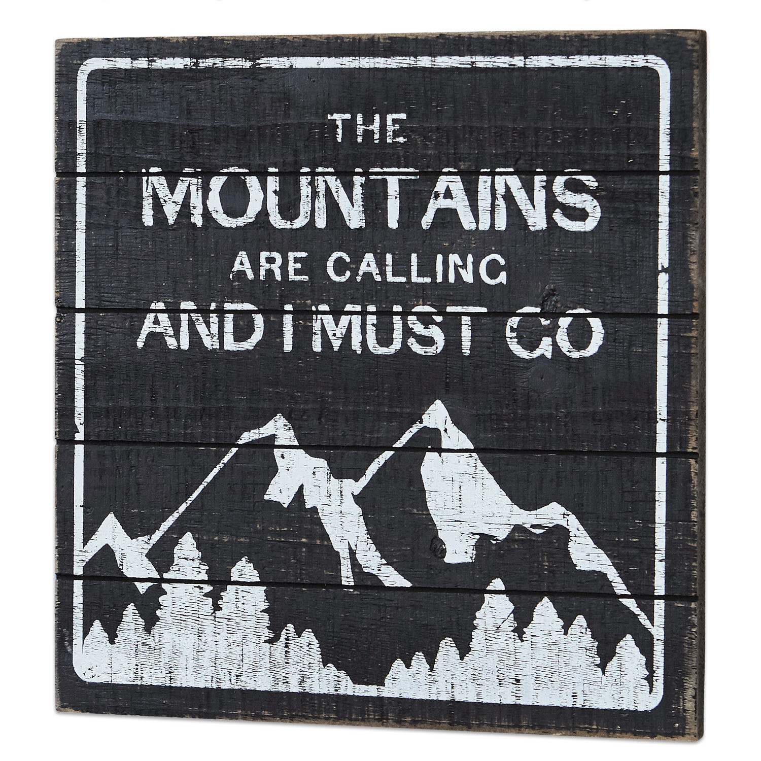 Decoboard Mountain Zwart houten bord met witte tekst over bergen en bomen, rustieke wanddecoratie van hout