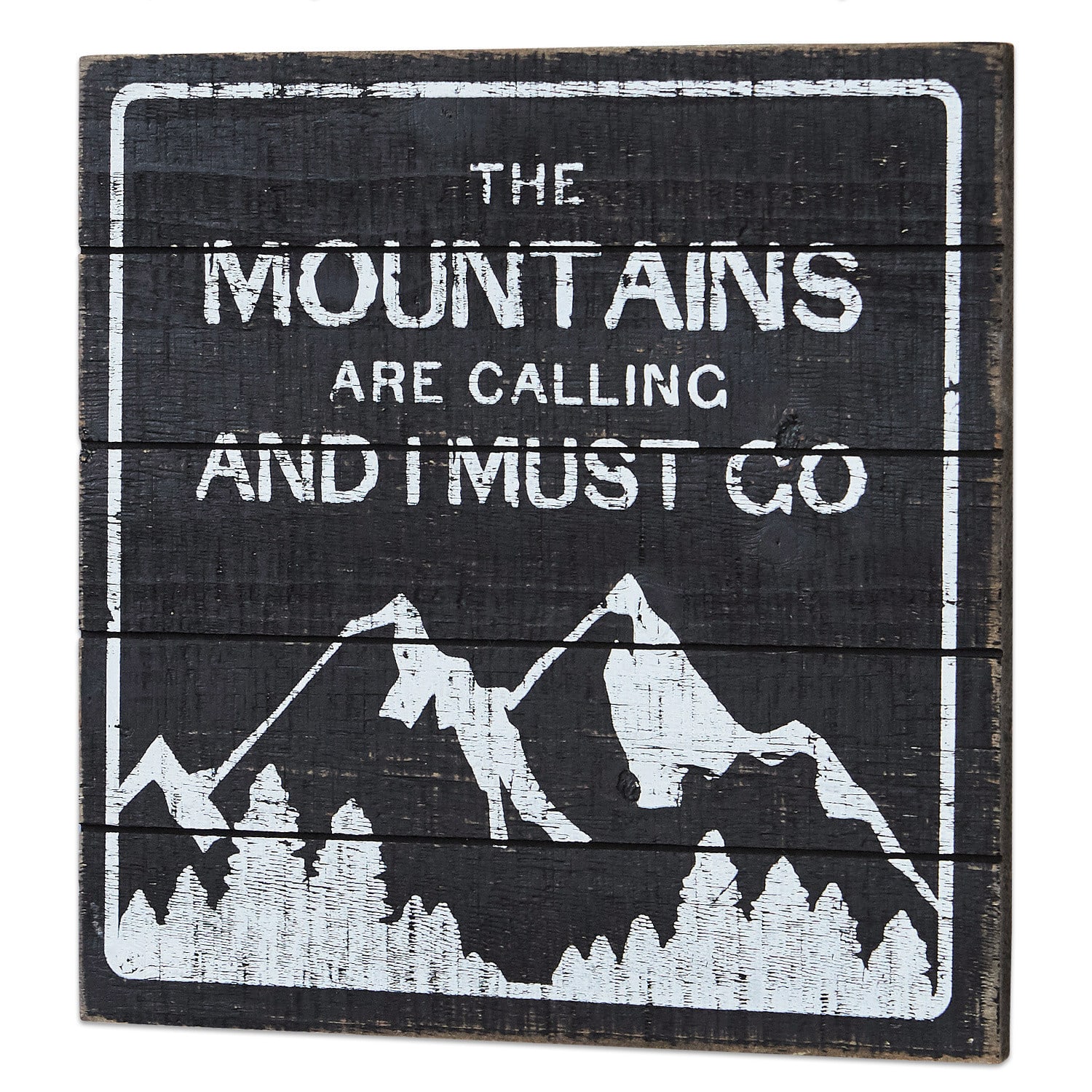 Decoboard Mountain Zwart houten bord met witte tekst over bergen en bomen, rustieke wanddecoratie van hout