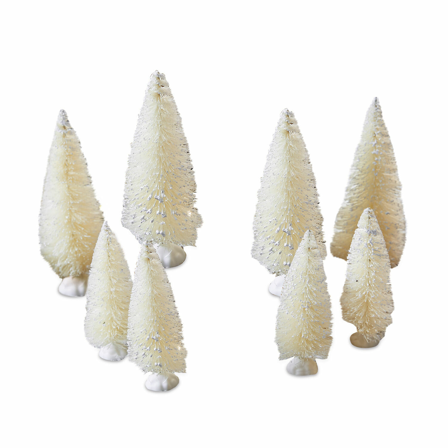 Set van 8 crèmekleurige decoratieve bomen van kunststof met witte voetjes voor kerstdecoratie