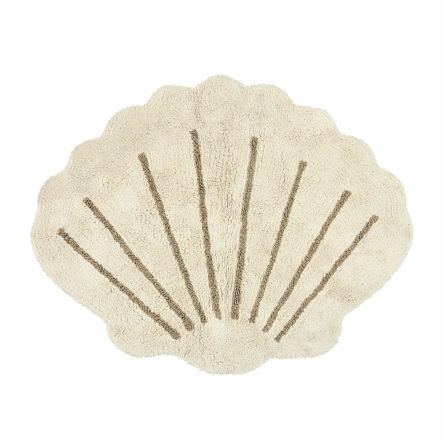 Beige zachte badmat in schelpvorm met bruine strepen, zachte badkamermat