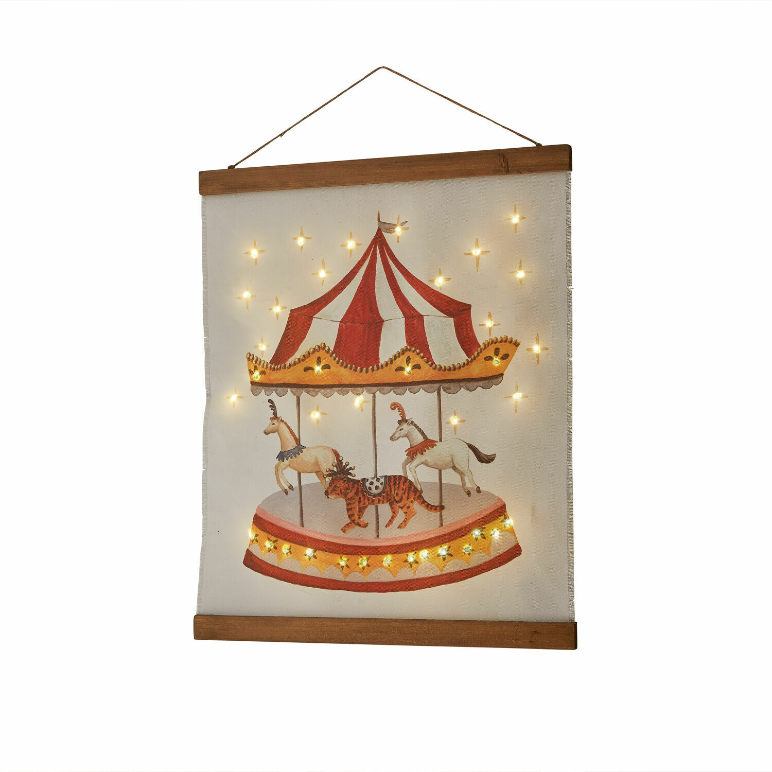 Afbeelding met LED-lampjes Carnaval des Rêves Wanddecoratie van stof met carrousel en warme LED-verlichting voor sfeervolle kamers.