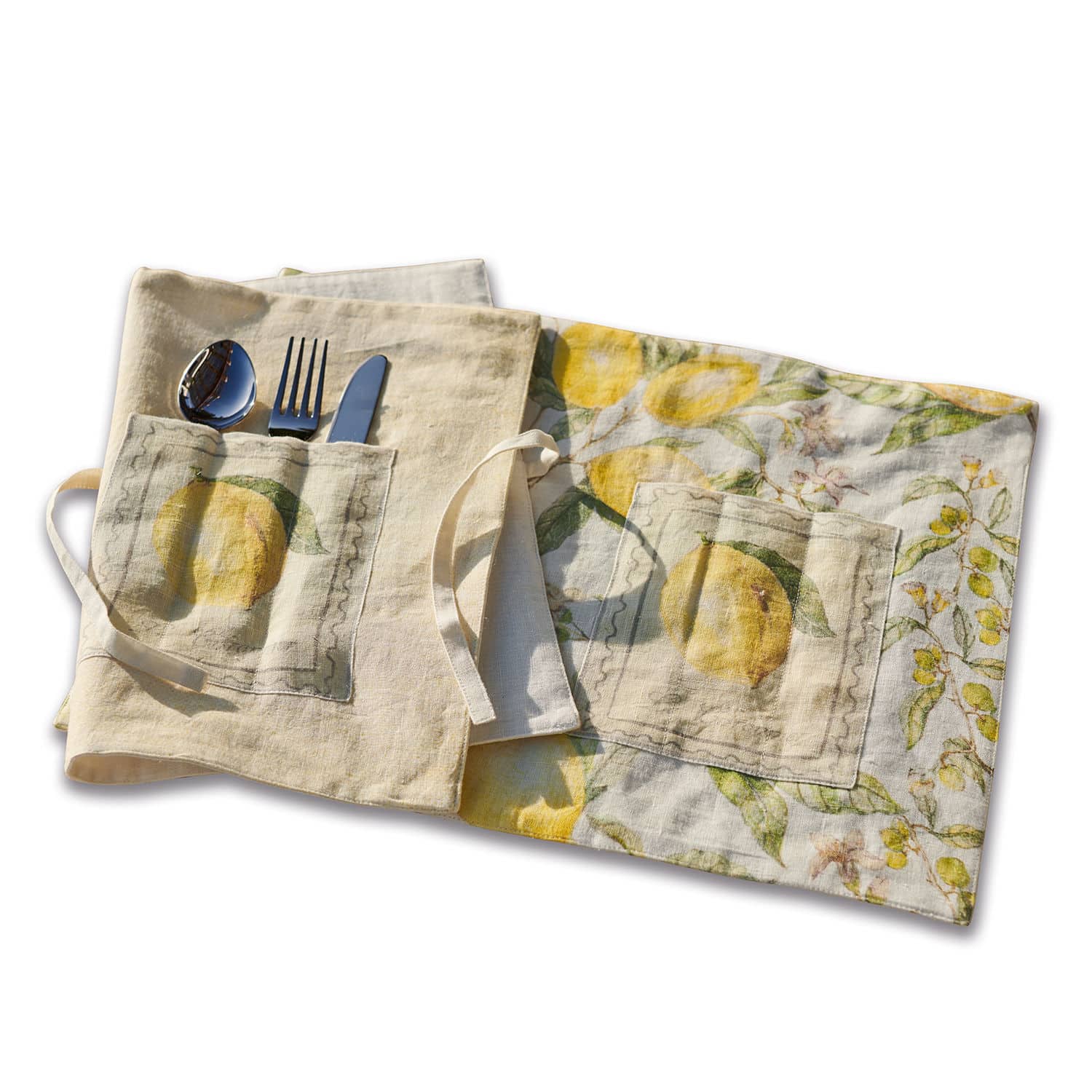 Placemat set van 2 Lantagenet Linnen bestekhoes met zakje en citroenprint in geelgroene kleuren