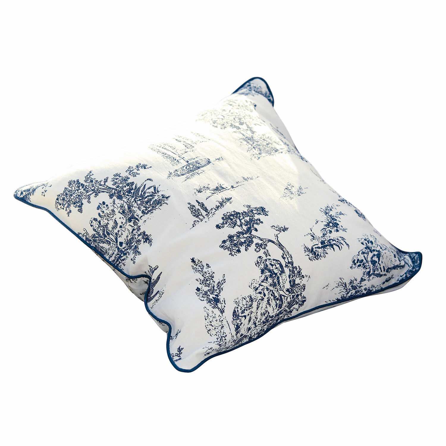 Kussenhoes Simone Witte kussen met blauw plantenpatroon en donkerblauwe bies, decoratief voor woonkamer