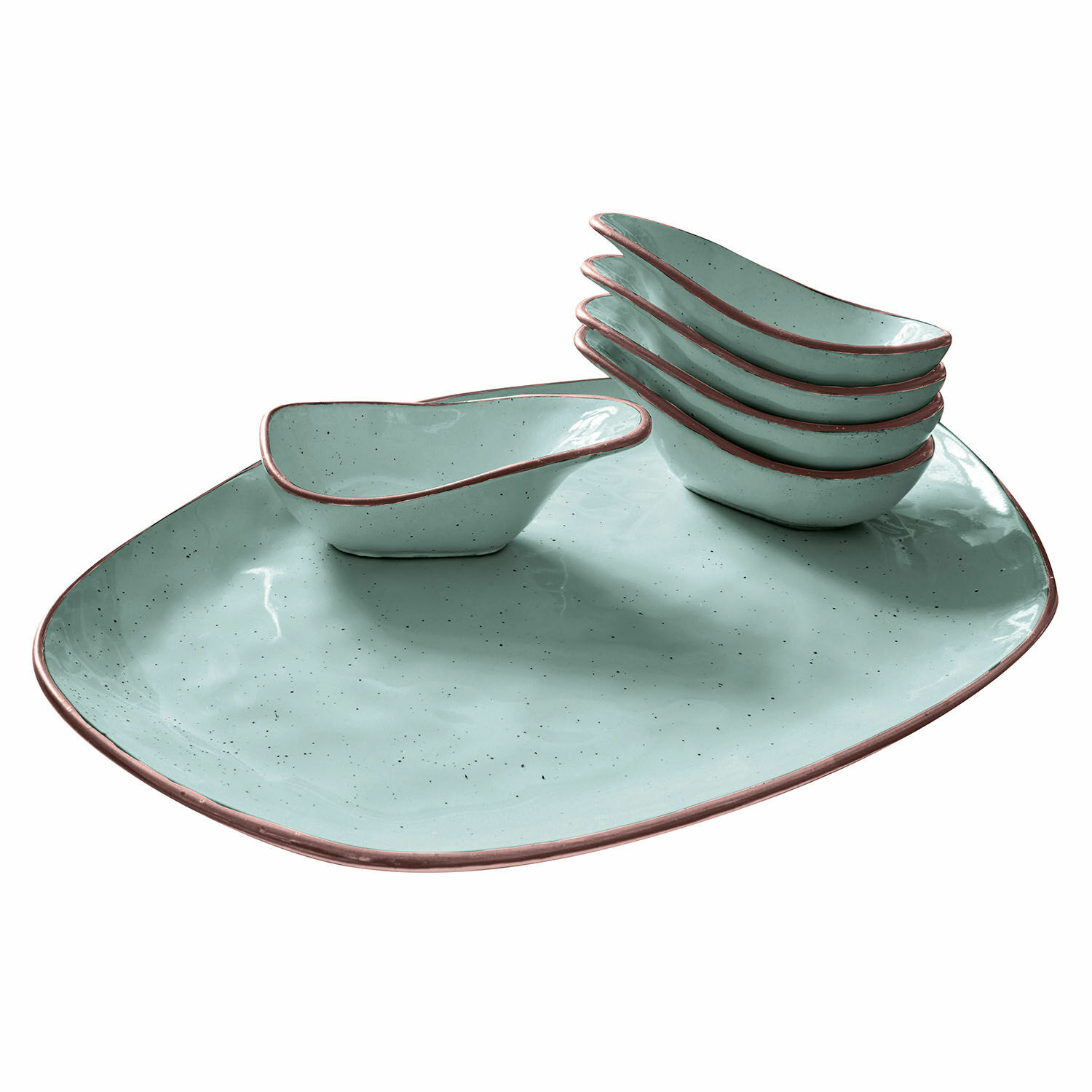 turquoise Set van 6 turquoise keramische schaaltjes met groot serveerbord en bruine rand