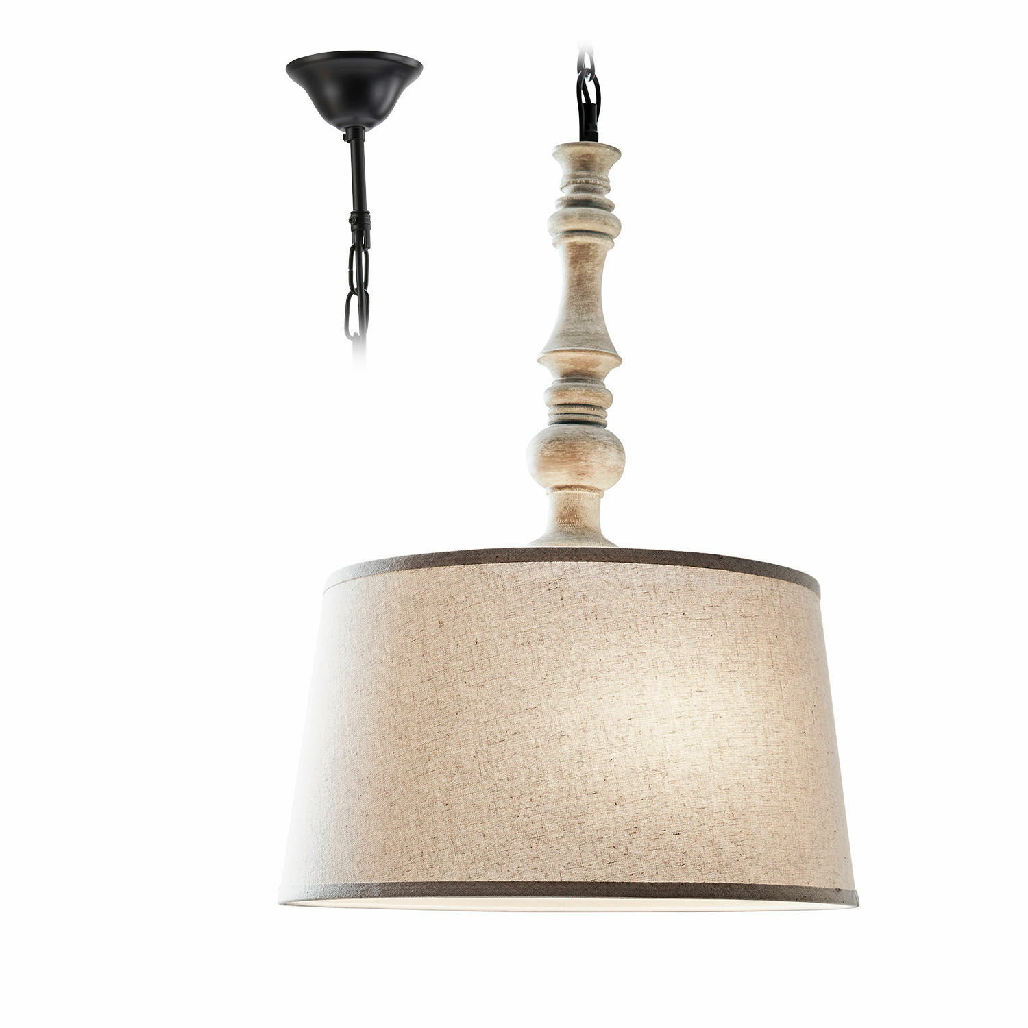 Hanglamp Martigny Hanglamp met beige stoffen kap en houten voet in vintage stijl voor sfeerverlichting