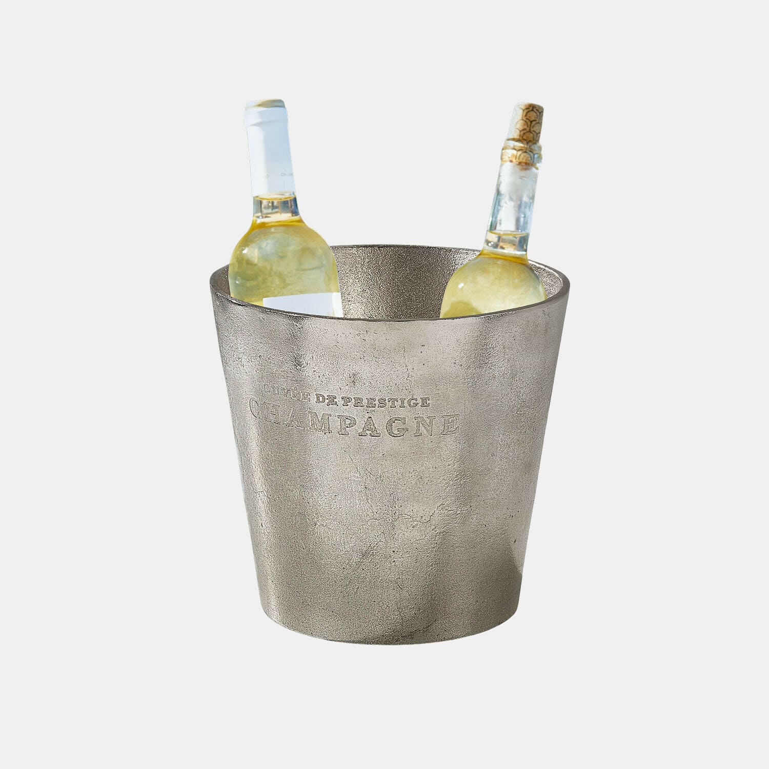Drankenkoeler Marclaire Zilverkleurige metalen ijsemmer met opschrift Champagne en twee flessen witte wijn