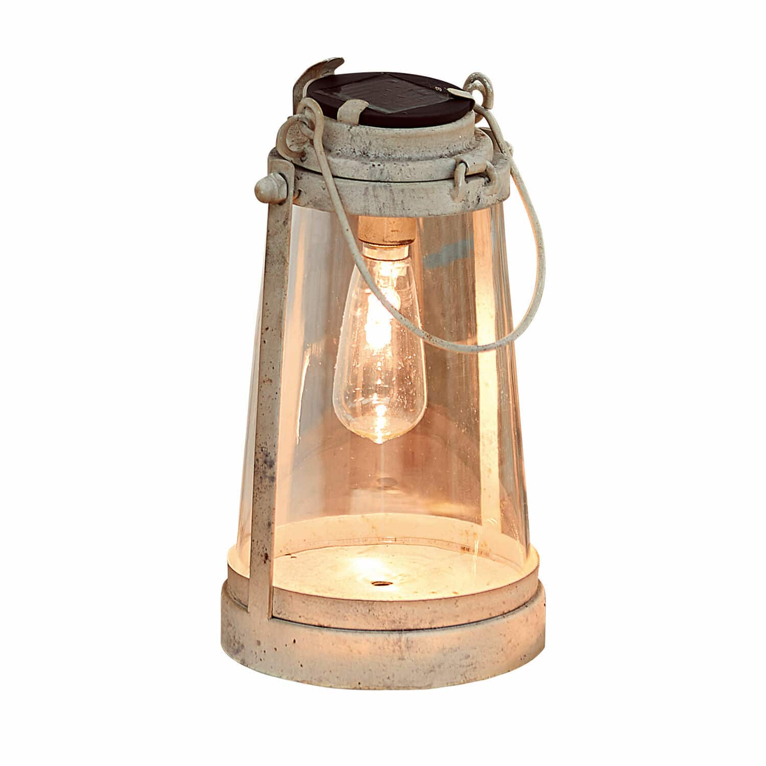 Zonne-lantaarn van wit metaal en glas met warm LED-licht voor tuindecoratie