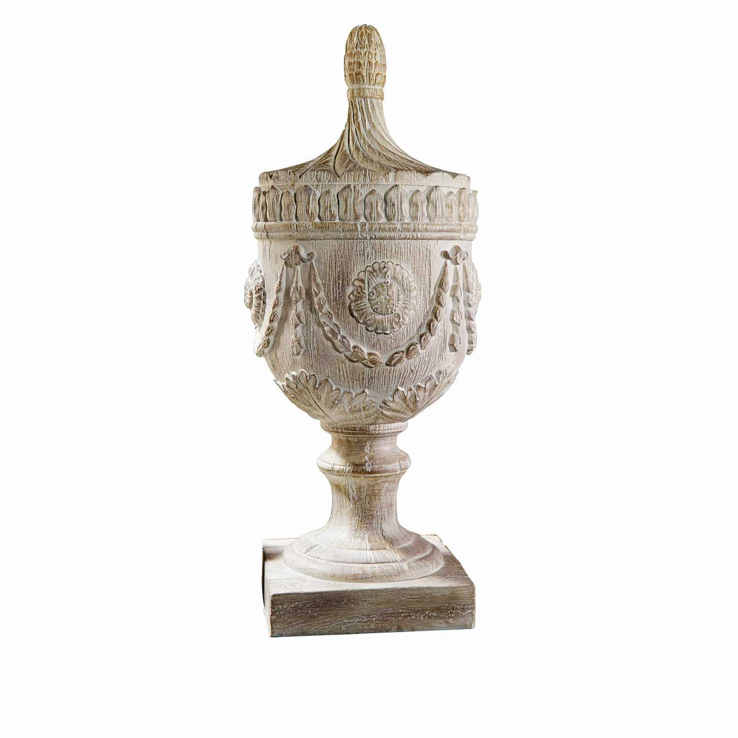 Decoratief object Licia Decoratieve houten pot in lichte kleur met gesneden details en deksel
