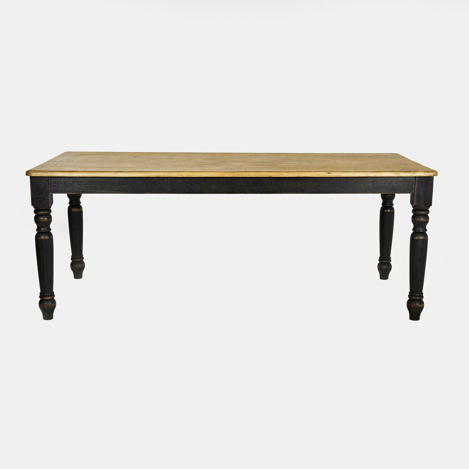 Tafel Mont Lisan Houten tafel met licht blad en zwarte gedraaide poten voor eetkamer
