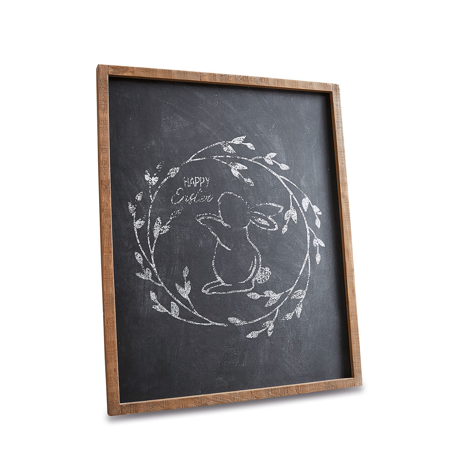 Krijtbord met houten lijst, tekening van konijn en tekst Happy Easter voor Pasen