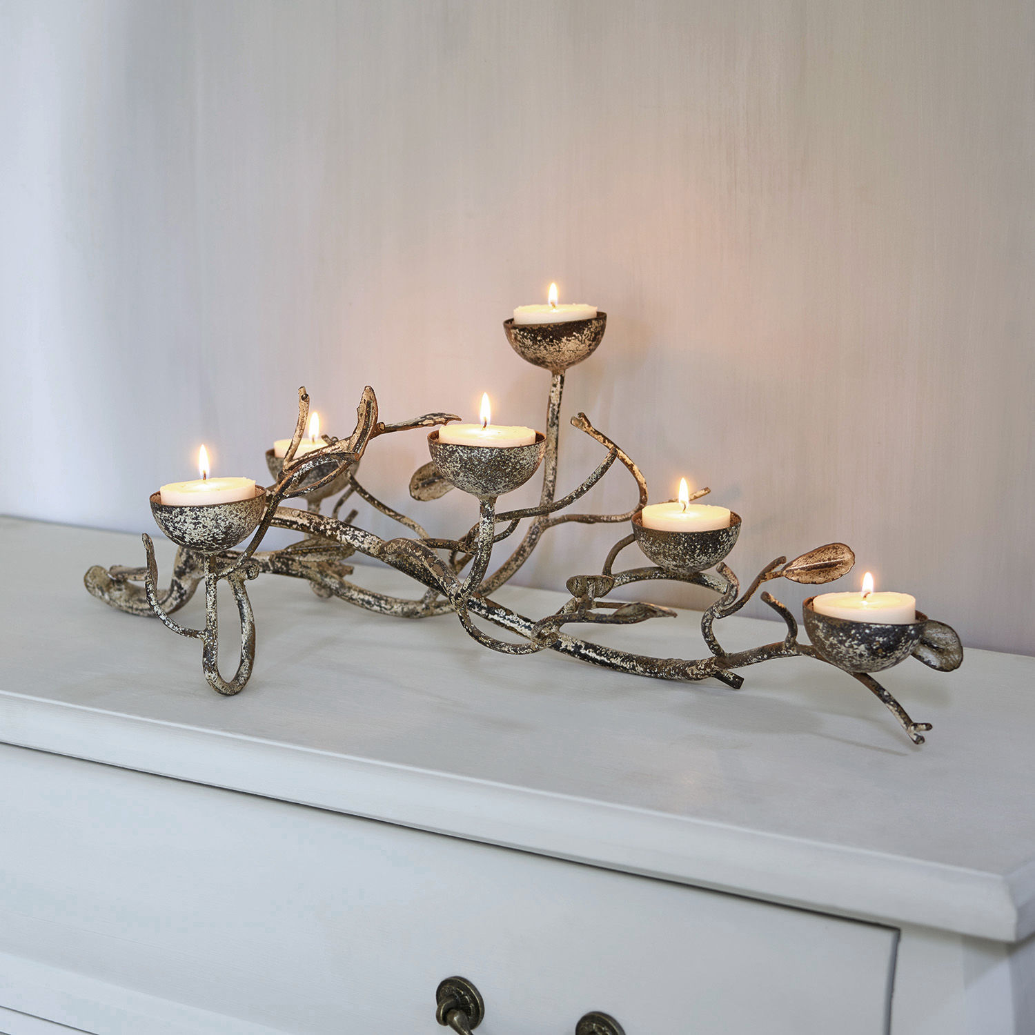 Metalen kandelaar voor 7 theelichtjes in takkenstijl, antiek gouden kleur, tafeldecoratie
