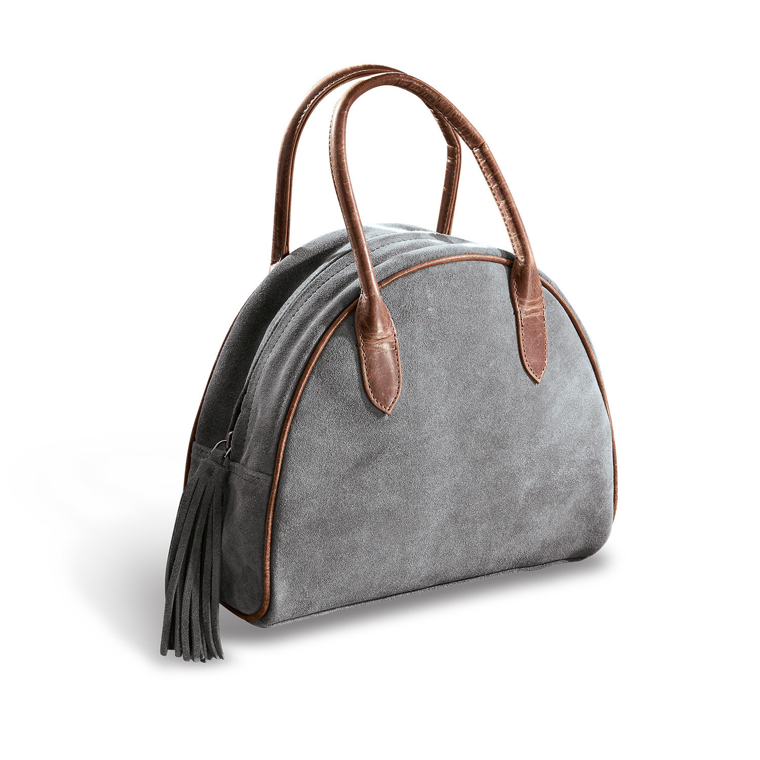 Tas Elisabeta Grijze suède handtas met bruine leren handvatten en kwastje, modieuze damesaccessoire
