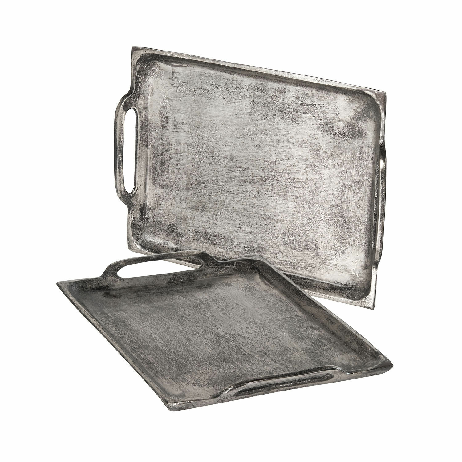 Dienblad set van 2 Branora Set van twee zilverkleurige metalen dienbladen met handvatten, industriële stijl om te serveren