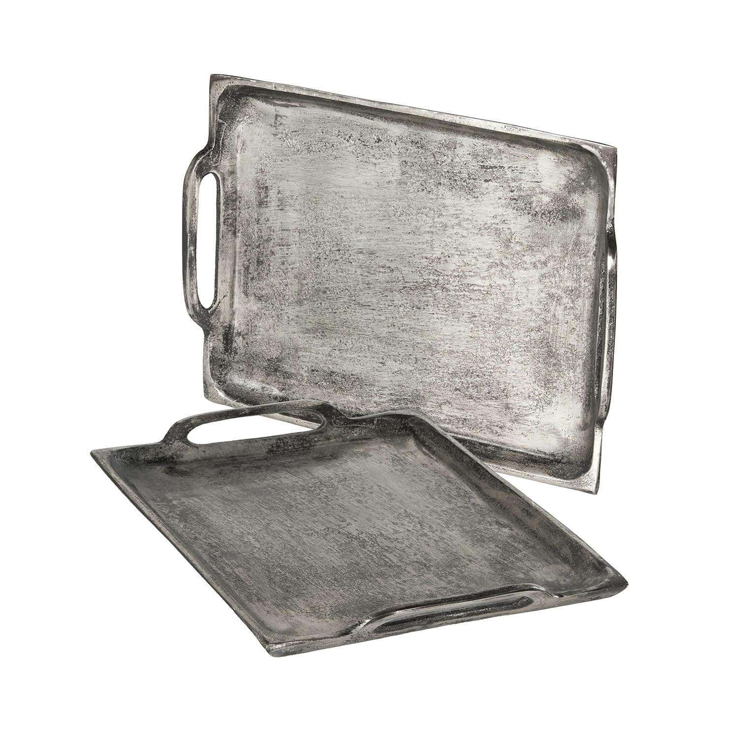 Dienblad set van 2 Branora Set van twee zilverkleurige metalen dienbladen met handvatten, industriële stijl om te serveren