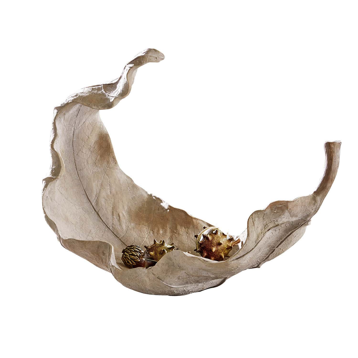 Schaal Vibius Decoratieve schaal in de vorm van een blad van beige materiaal met decoratieve ballen