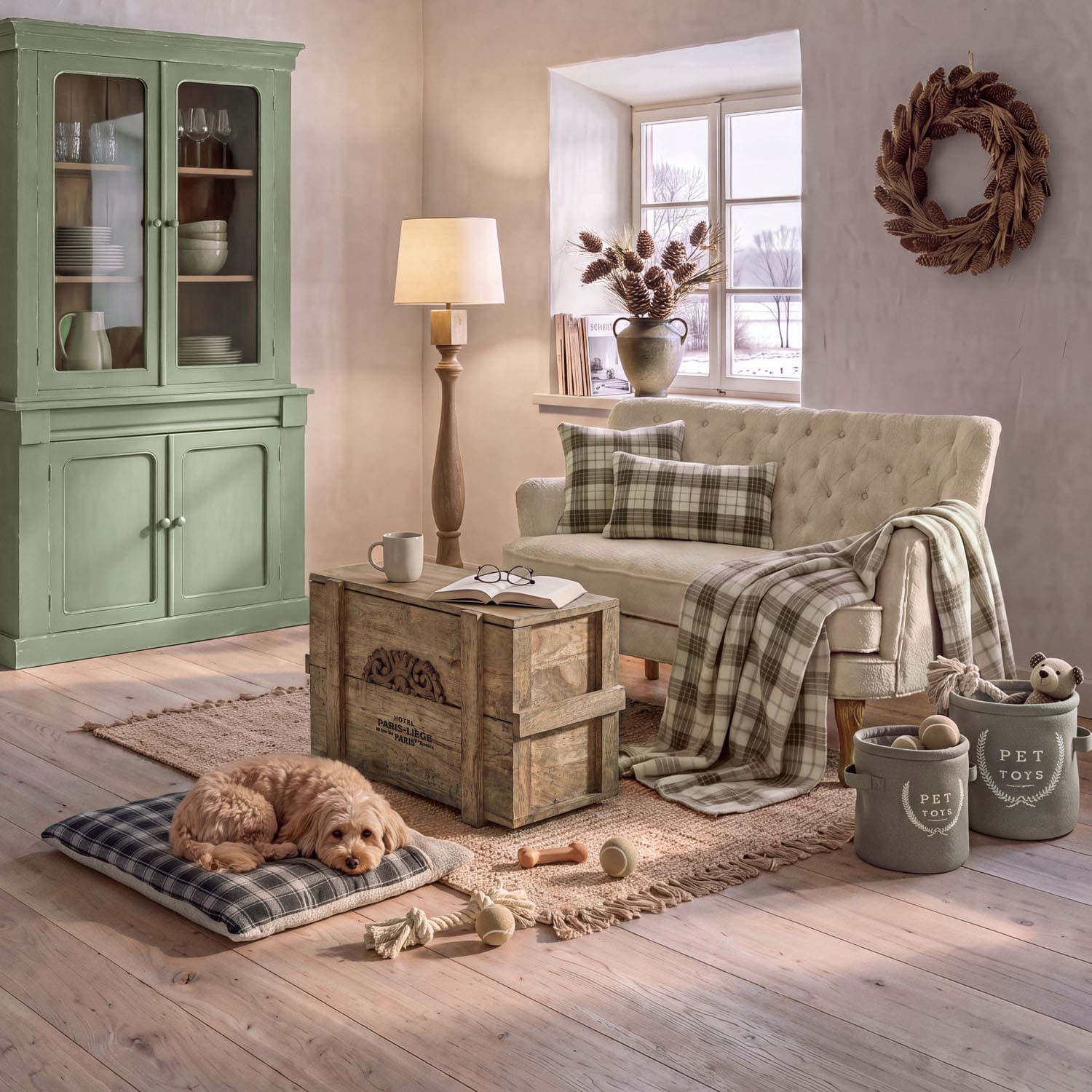 Gezellige woonkamer met crème bank, groene houten vitrinekast en rustieke houten salontafel