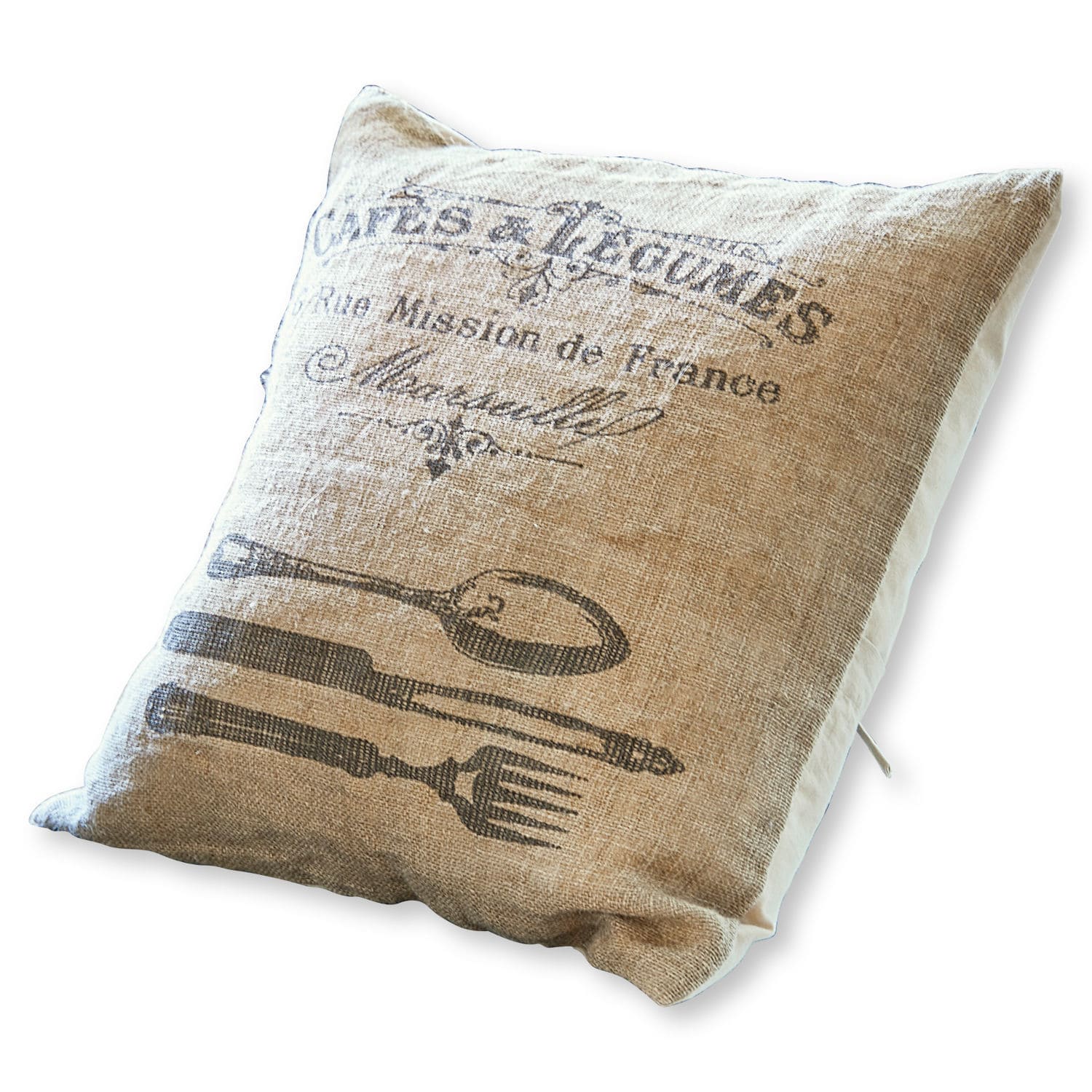 Beige linnen kussen met bestekprint en Franse tekst, decoratief woonaccessoire.