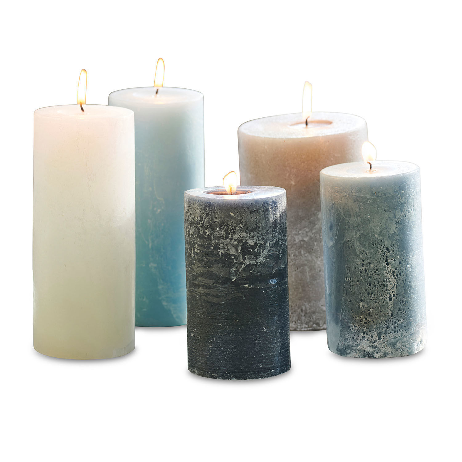 Set van 5 Panagra kaarsen van was in blauw en grijs voor sfeervolle woondecoratie