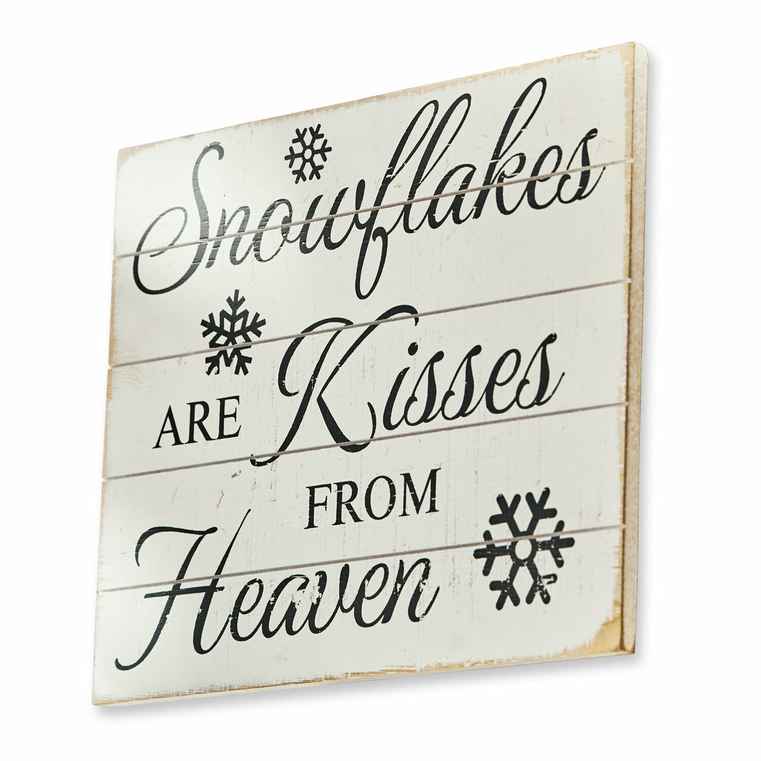 Decoboard Snowflakes Witte houten wanddecoratie met tekst over sneeuwvlokken en winterthema