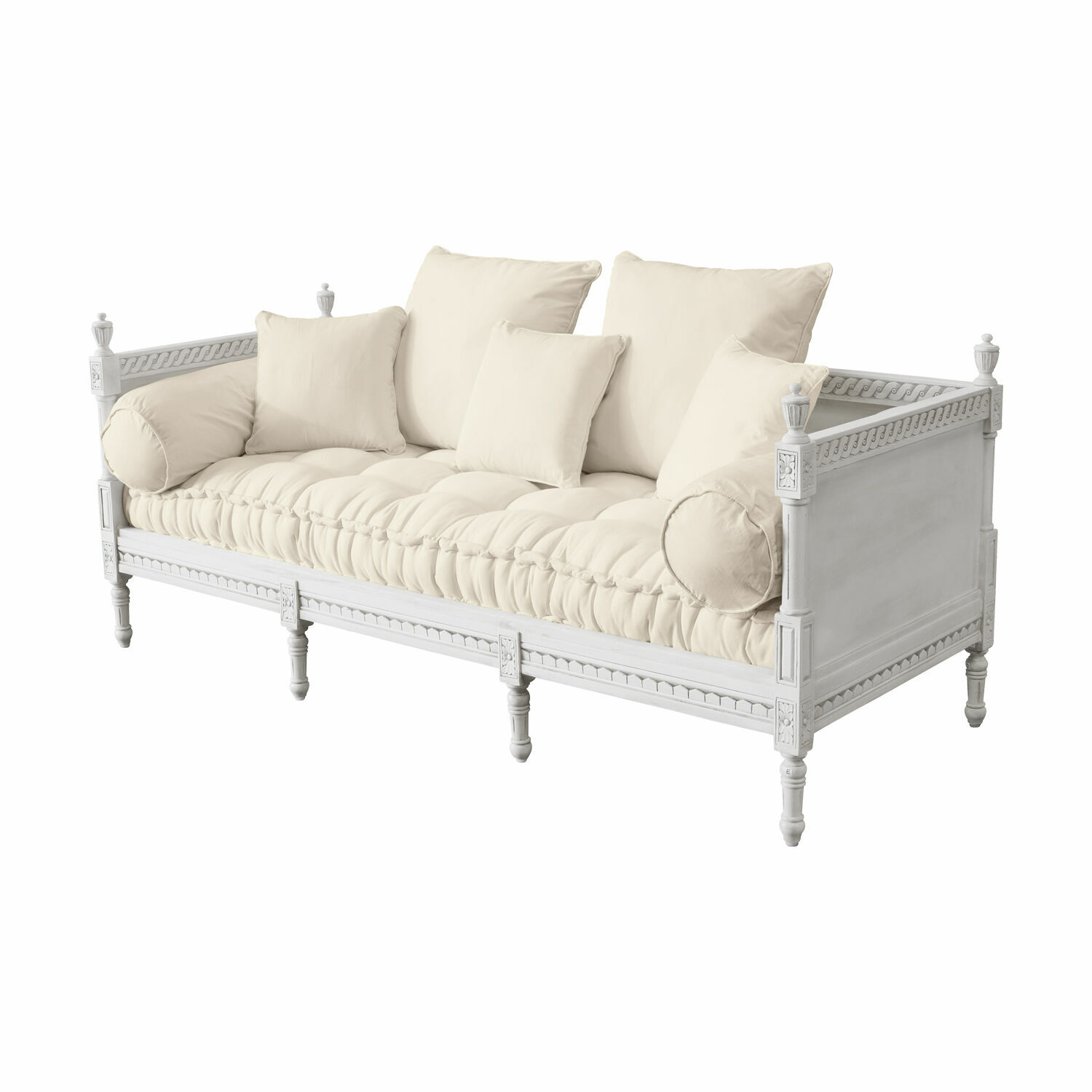 grijs/linnen Douville bank met grijze linnen bekleding en wit houten frame, elegante woonkamermeubel