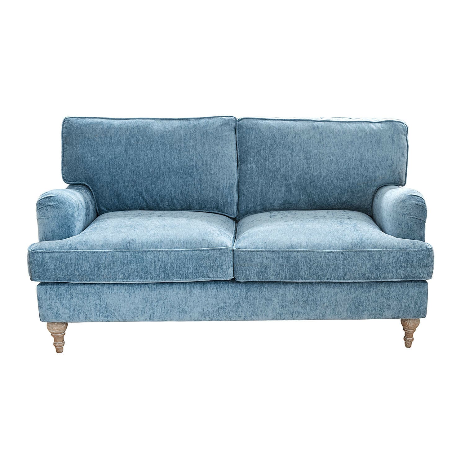 Bank Elvika in lichtblauwe fluwelen stof met houten poten, comfortabele woonkamermeubel