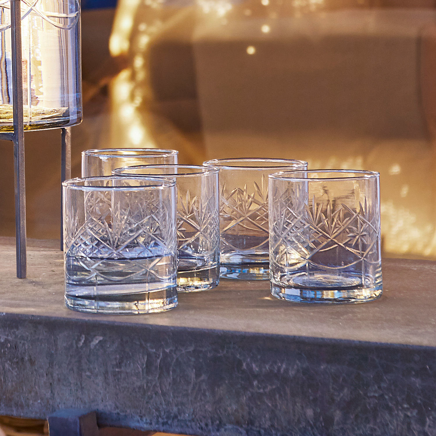 Glas set van 6 Hagens Set van vijf heldere glazen met gegraveerd patroon, perfect voor dranken.