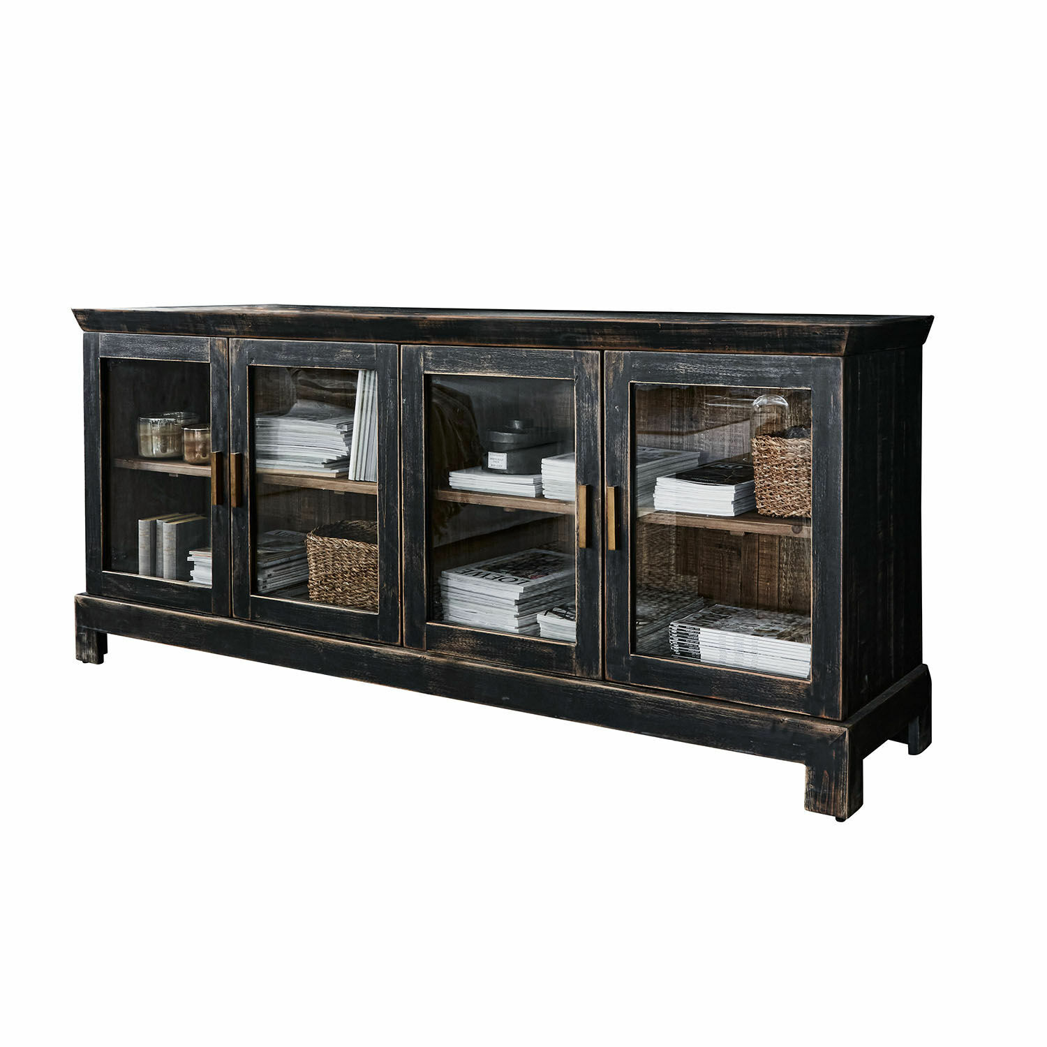 Lage kast Nivelles Zwarte houten vitrinekast met glazen deuren en messing handgrepen in vintage stijl