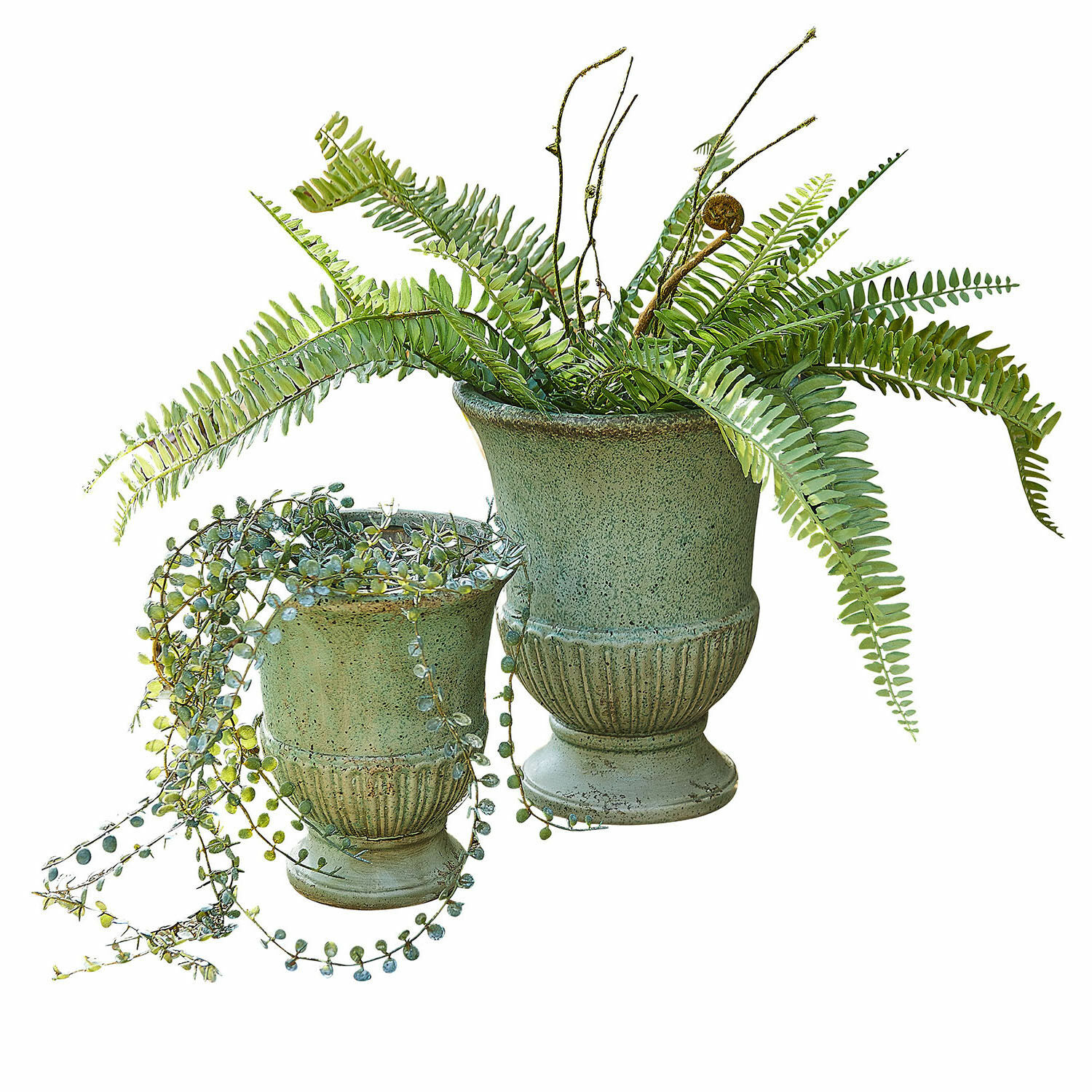 Amfora set van 2 Jolivaux Set van twee groene keramische potten met varens en vetplanten voor interieurdecoratie