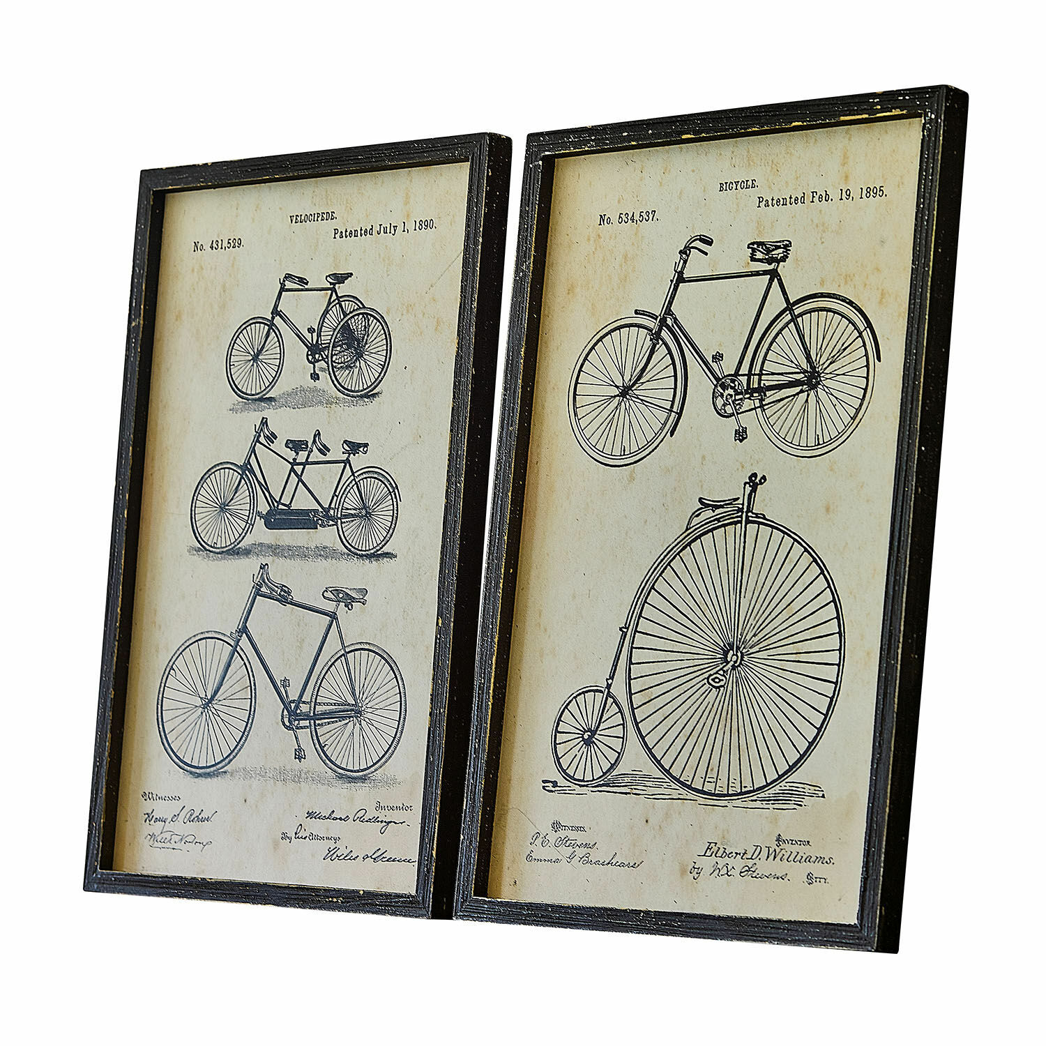 Afbeelding set van 2 Golovine Twee zwarte lijsten met tekeningen van oude fietsen op beige achtergrond, vintage wanddecoratie