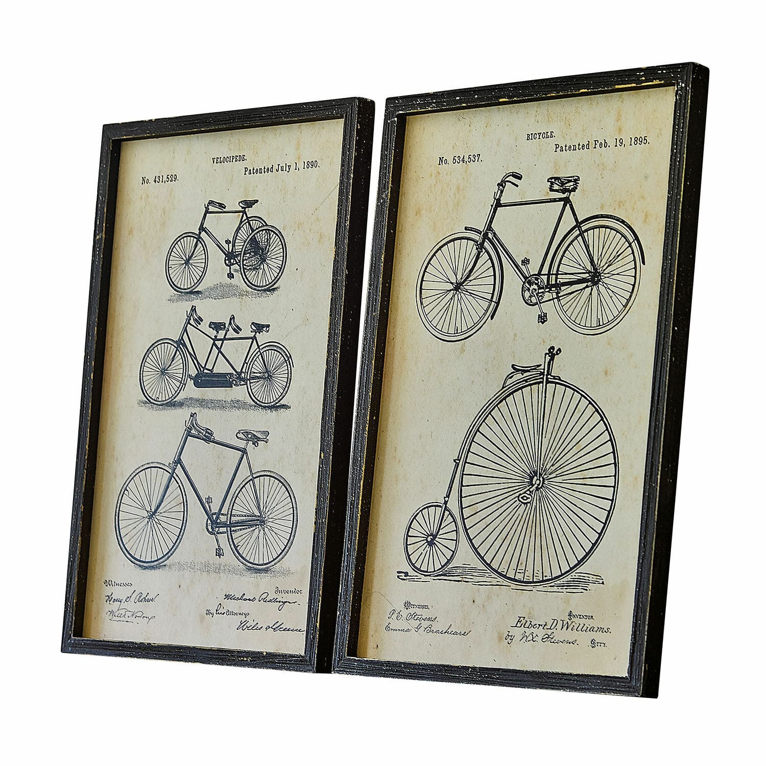 Afbeelding set van 2 Golovine Twee zwarte lijsten met tekeningen van oude fietsen op beige achtergrond, vintage wanddecoratie