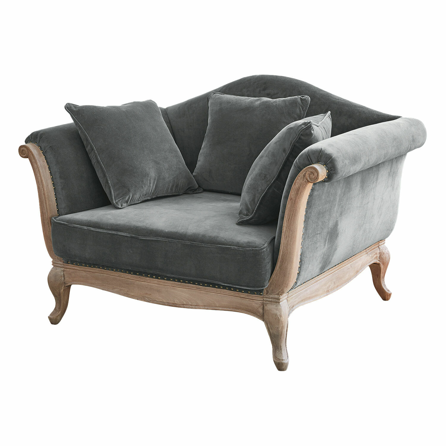 Fauteuil Sumerset Vintage bank met grijze fluwelen bekleding en houten frame, comfortabele kussens