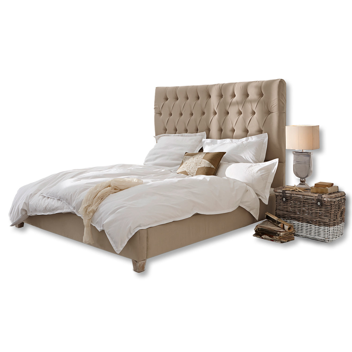 linnen Benton bed met beige linnen bekleding en gestikte hoofdbord, stijlvolle slaapkamermeubels