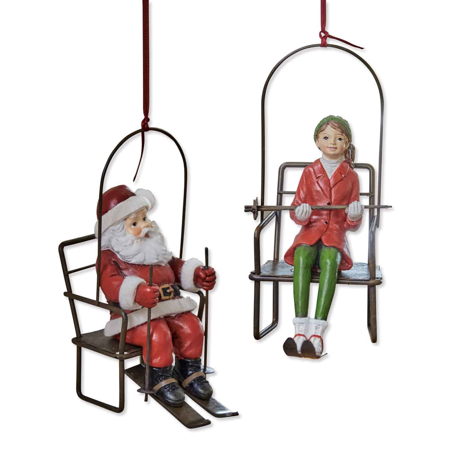 Hanger set van 2 Ponta Metalen hangdecoraties met figuren van kerstman en meisje in rode skikleding