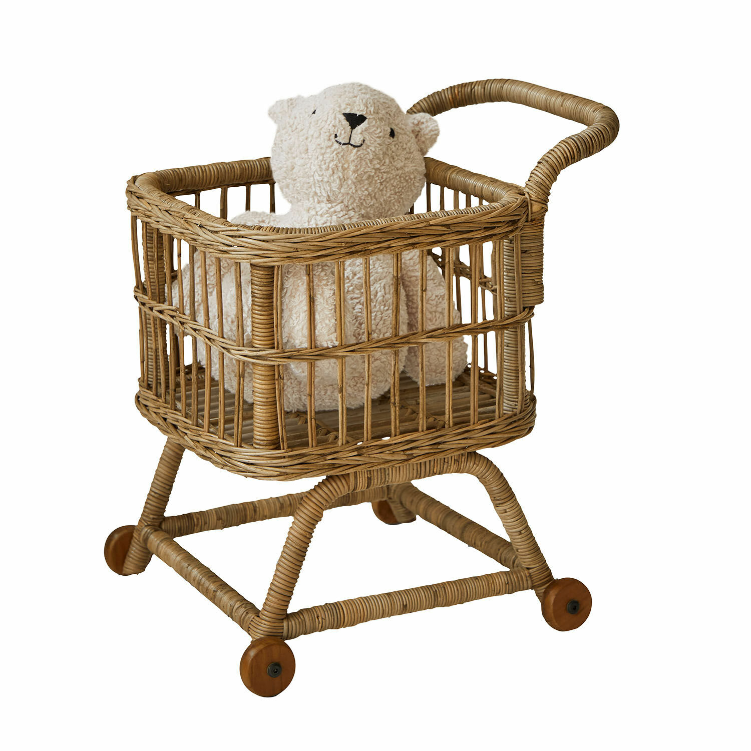 Winkelwagentje Callidia Kinderwagen van riet met zachte beige pluche beer, decoratie voor kinderkamer
