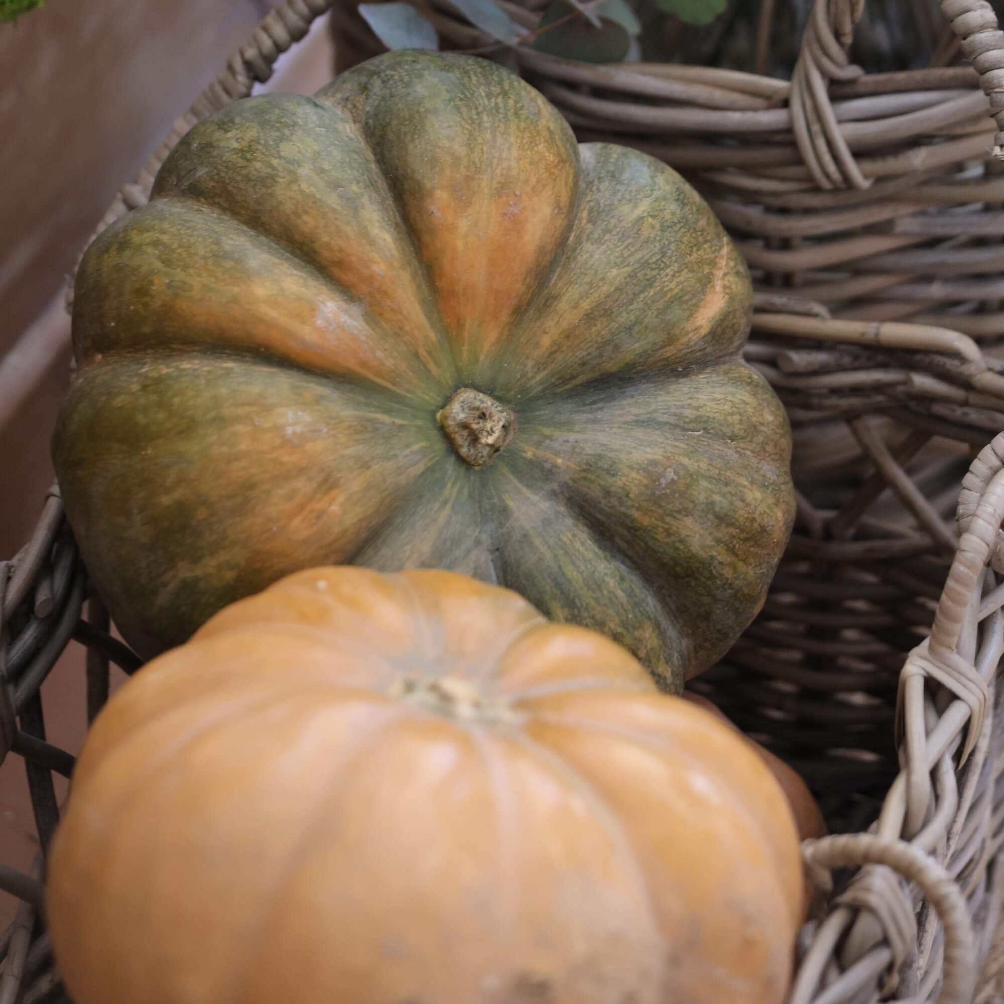 Twee pompoenen in een rieten mand, groen-oranje en lichtoranje, herfstdecoratie